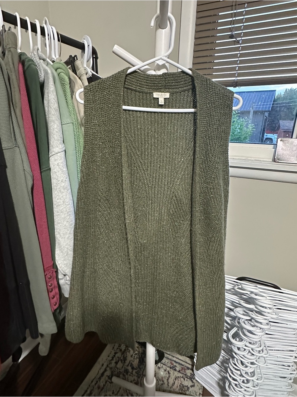 Talbots women Olive Green Open-Front Knit Sweater Vest fall winter sleeveless sm
